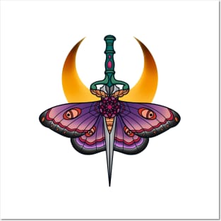 Neo Traditional Moth Dagger Tattoo Posters and Art
